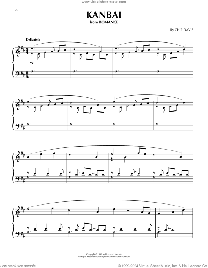 Kanbai sheet music for piano solo by Mannheim Steamroller and Chip Davis, intermediate skill level