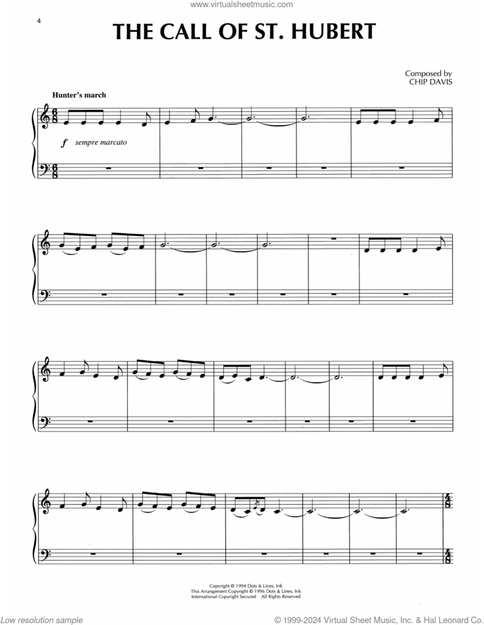 The Call Of St. Hubert sheet music for piano solo by Chip Davis, intermediate skill level