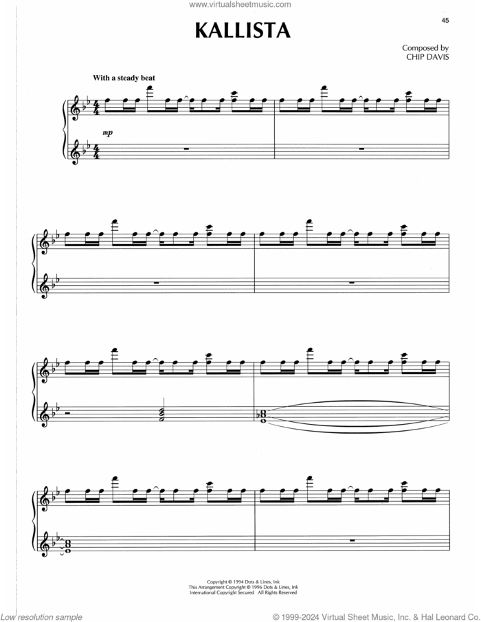 Kallista sheet music for piano solo by Chip Davis, intermediate skill level