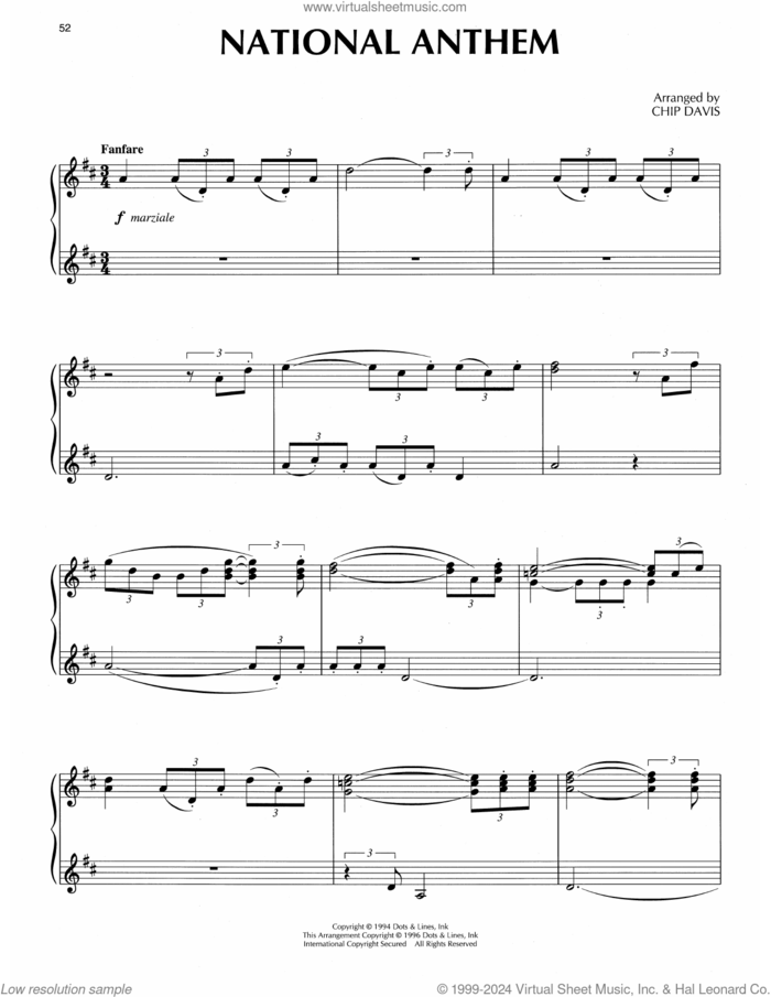 National Anthem sheet music for piano solo by Chip Davis, intermediate skill level