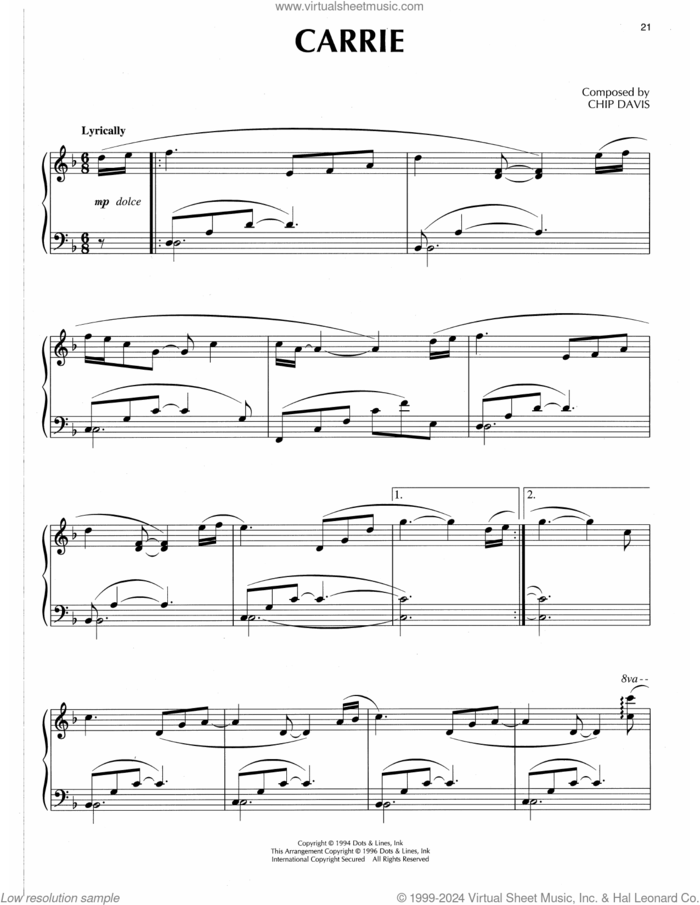 Carrie sheet music for piano solo by Chip Davis, intermediate skill level