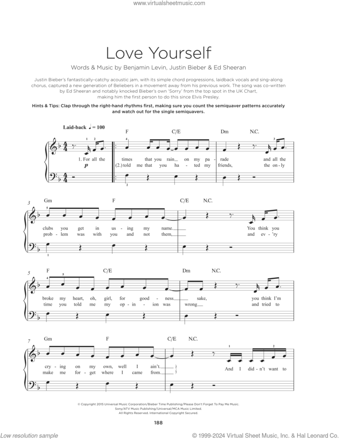 Love Yourself sheet music for piano solo by Justin Bieber, Benjamin Levin, Ed Sheeran, Joshua Gudwin and Scott Braun, beginner skill level