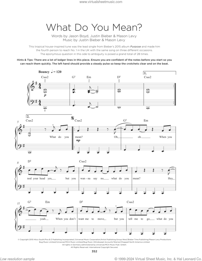 What Do You Mean?, (beginner) sheet music for piano solo by Justin Bieber, Jason Boyd and Mason Levy, beginner skill level