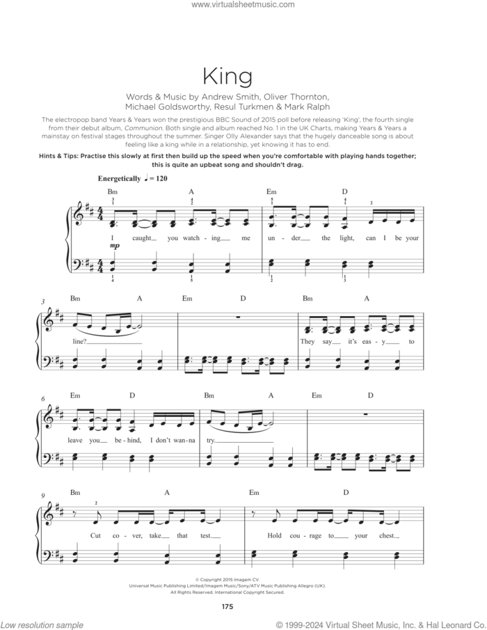 King, (beginner) sheet music for piano solo by Years & Years, Andrew Smith, Mark Ralph, Michael Goldsworthy, Oliver Thornton and Resul Turkmen, beginner skill level