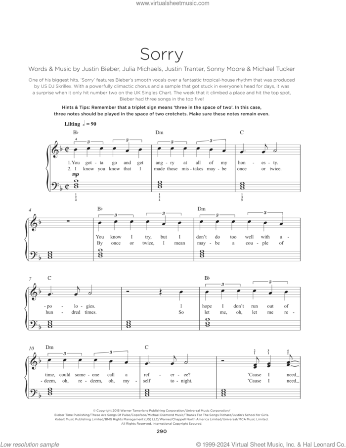 Sorry sheet music for piano solo by Justin Bieber, Julia Michaels, Justin Tranter, Michael Tucker and Sonny Moore, beginner skill level