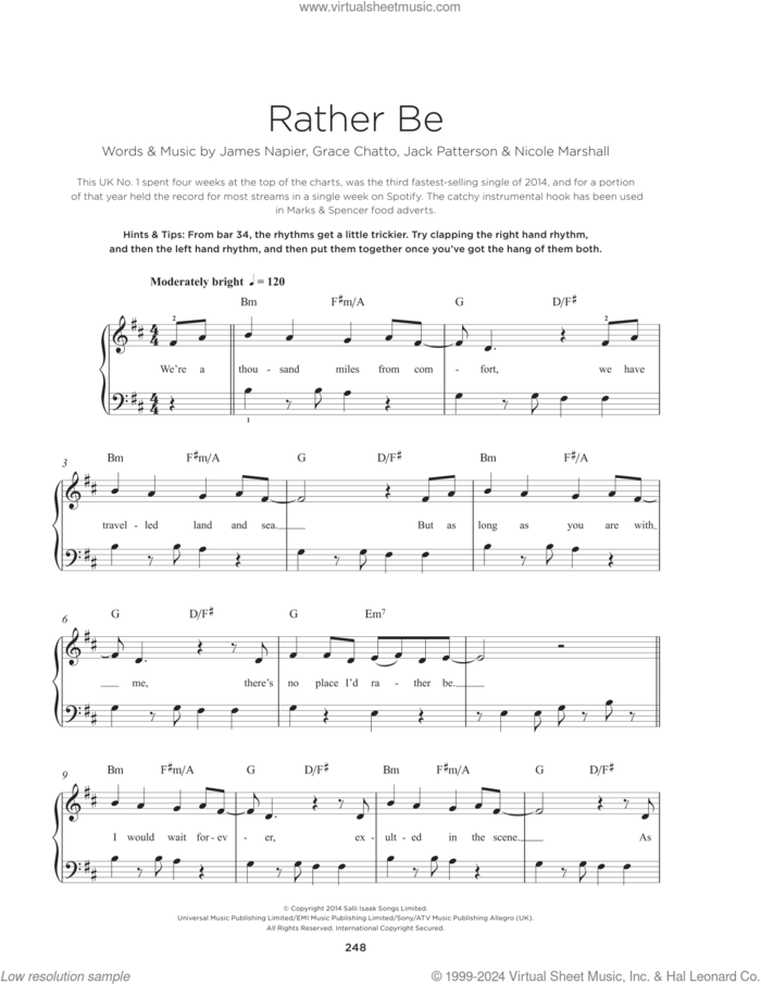 Rather Be (feat. Jess Glynne) sheet music for piano solo by Clean Bandit, Grace Chatto, Jack Patterson, James Napier and Nicole Marshall, beginner skill level