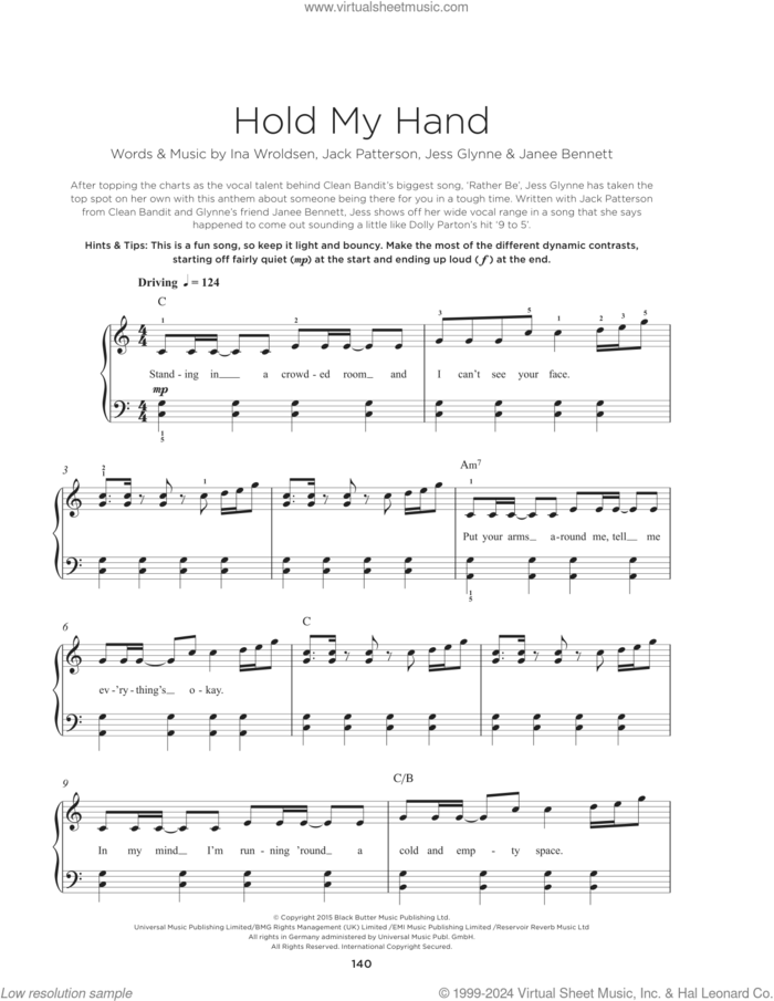 Hold My Hand, (beginner) sheet music for piano solo by Jess Glynne, Ina Wroldsen, Jack Patterson, Janee Bennett and Jessica Glynee, beginner skill level