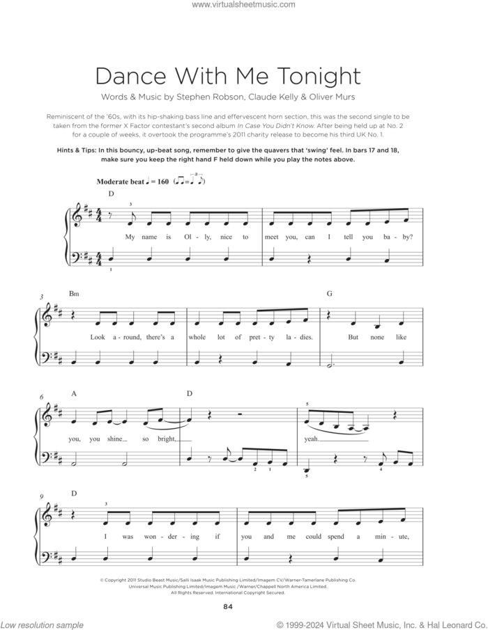 Dance With Me Tonight, (beginner) sheet music for piano solo by Olly Murs, Claude Kelly and Steve Robson, beginner skill level