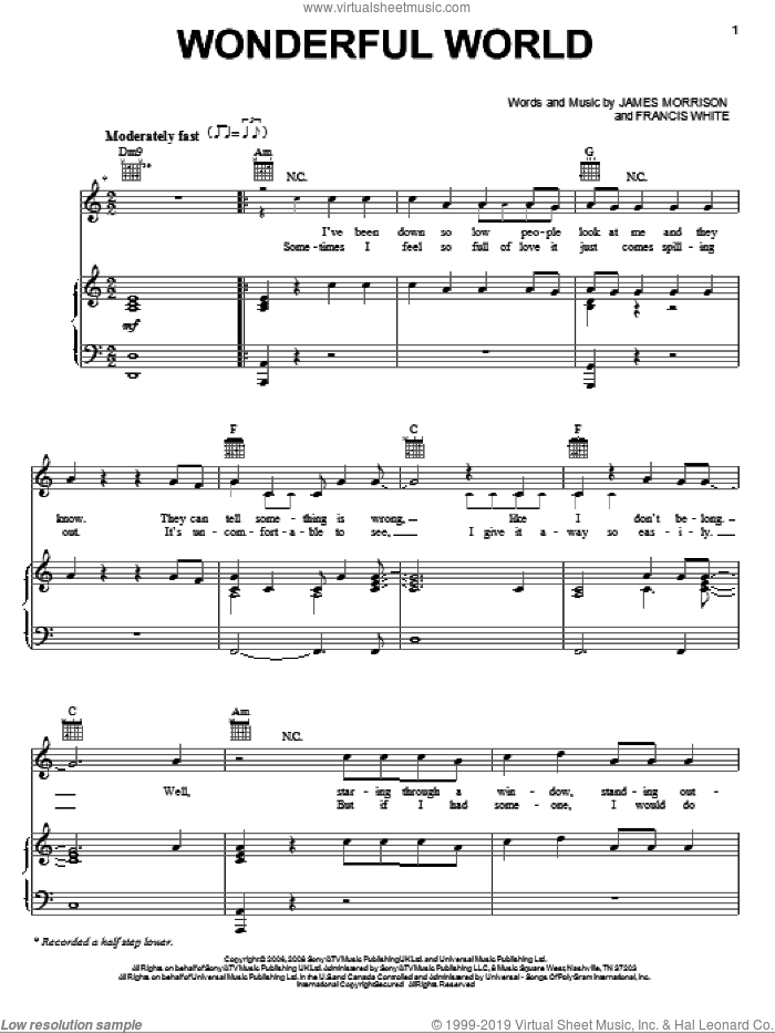 Wonderful World sheet music for voice, piano or guitar by James Morrison and Francis White, intermediate skill level