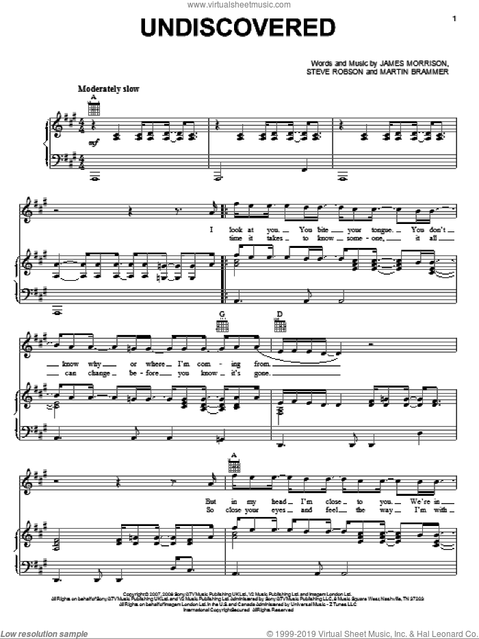 Undiscovered sheet music for voice, piano or guitar by James Morrison, Martin Brammer and Steve Robson, intermediate skill level