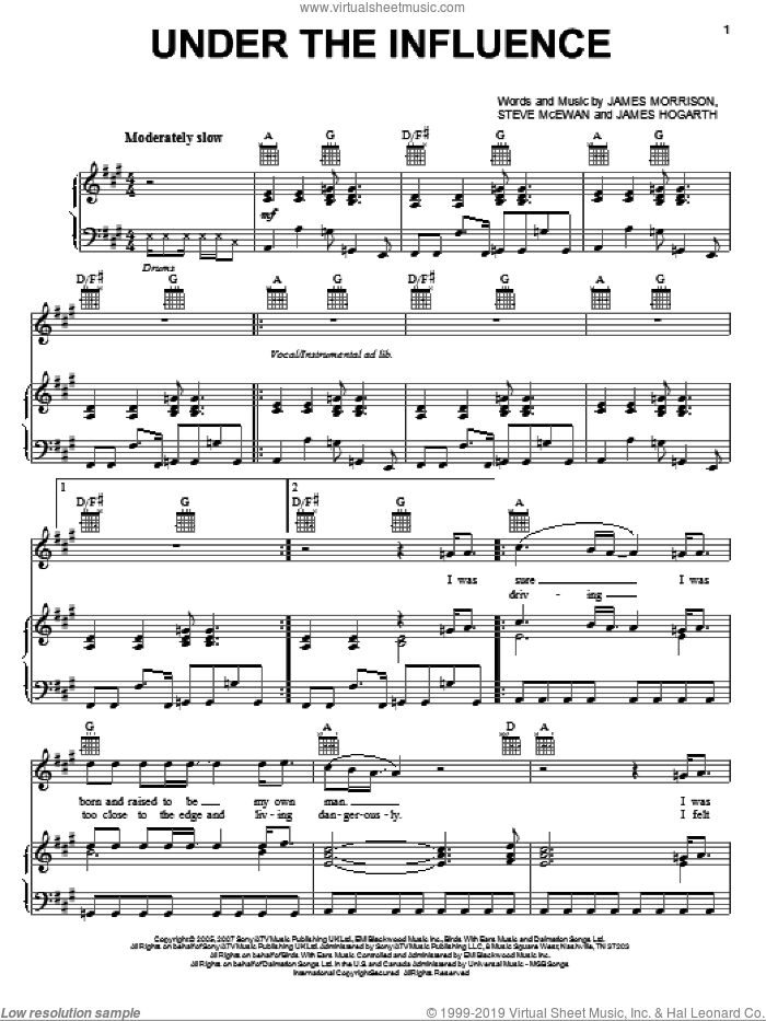 Under The Influence sheet music for voice, piano or guitar by James Morrison, James Hogarth and Steve McEwan, intermediate skill level