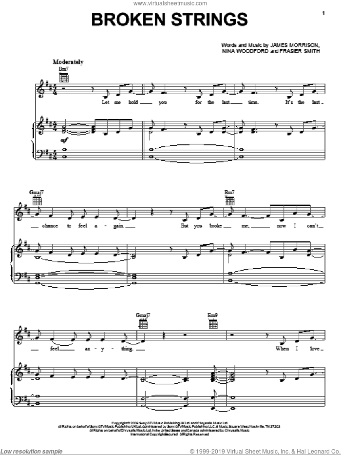 Broken Strings sheet music for voice, piano or guitar by James Morrison featuring Nelly Furtado, Nelly Furtado, Frasier Smith, James Morrison and Nina Woodford, intermediate skill level
