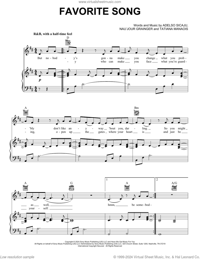 Favorite Song sheet music for voice, piano or guitar by Toosii, Adelso Sicaju and Tatiana Manaois, intermediate skill level