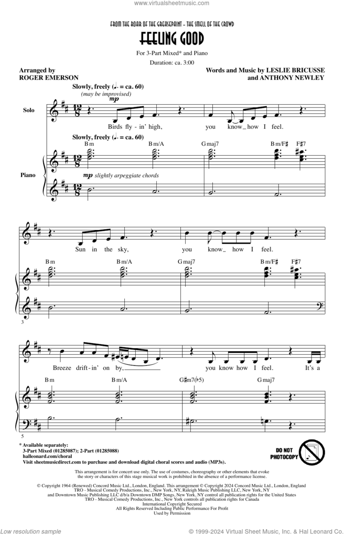 Feeling Good (arr. Roger Emerson) sheet music for choir (3-Part Mixed) by Leslie Bricusse, Roger Emerson, Anthony Newley and Leslie Bricusse & Anthony Newley, intermediate skill level