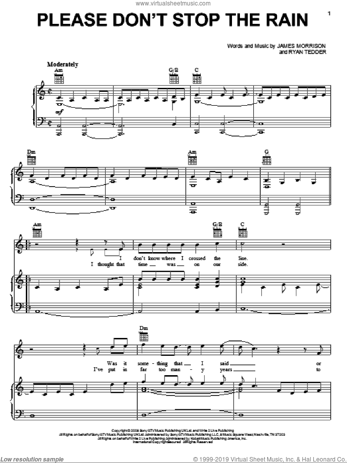 Please Don't Stop The Rain sheet music for voice, piano or guitar by James Morrison and Ryan Tedder, intermediate skill level