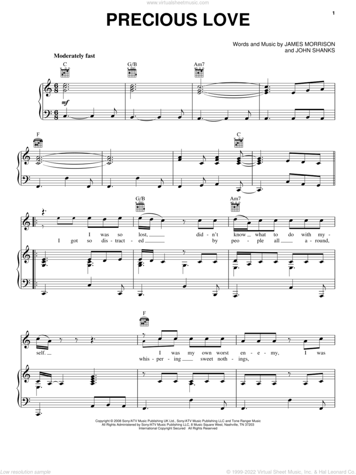 Precious Love sheet music for voice, piano or guitar by James Morrison and John Shanks, intermediate skill level