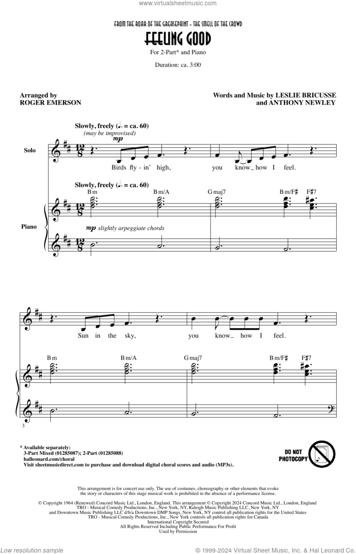 Feeling Good (arr. Roger Emerson) sheet music for choir (2-Part) by Leslie Bricusse, Roger Emerson, Anthony Newley and Leslie Bricusse & Anthony Newley, intermediate duet