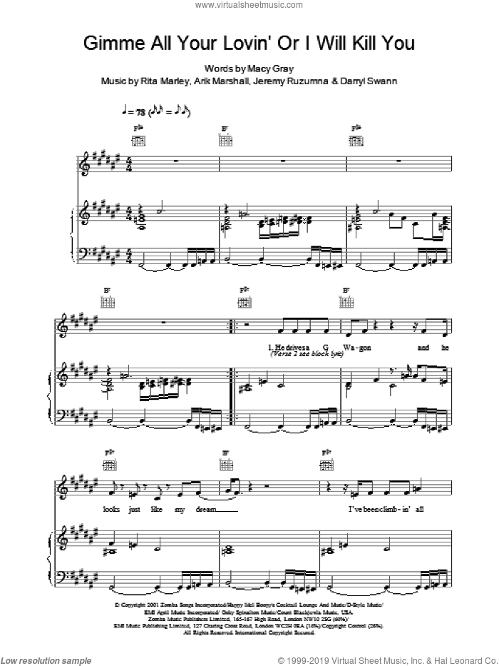 Gimme All Your Lovin' Or I Will Kill You sheet music for voice, piano or guitar by Macy Gray, Arik Marshall and Rita Marley, intermediate skill level