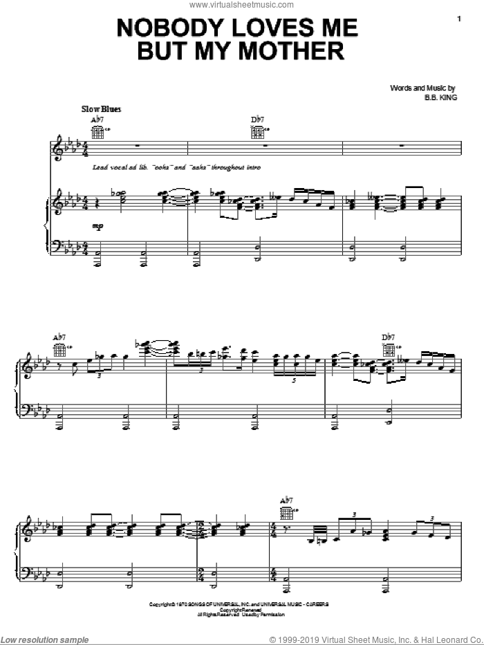 Nobody Loves Me But My Mother sheet music for voice, piano or guitar by B.B. King, intermediate skill level