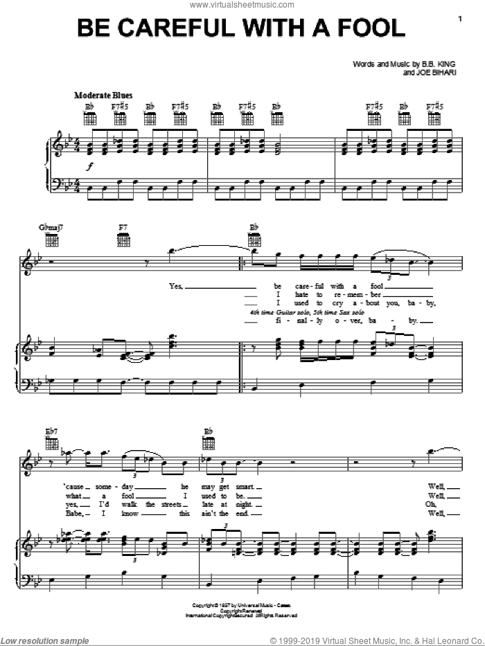 Be Careful With A Fool sheet music for voice, piano or guitar by B.B. King and Joe Bihari, intermediate skill level