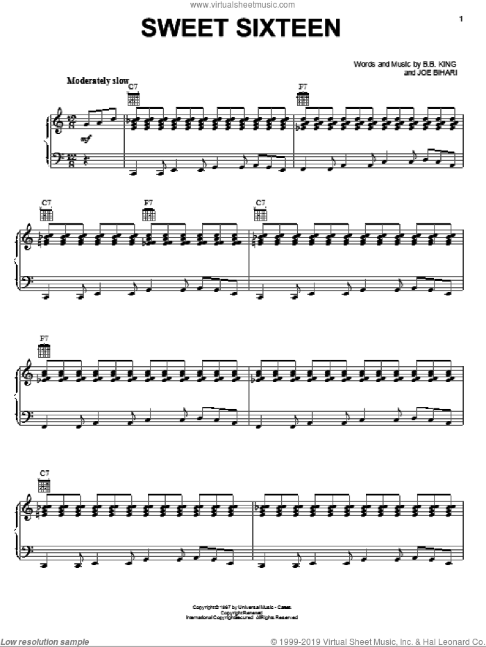 Sweet Sixteen sheet music for voice, piano or guitar by B.B. King and Joe Bihari, intermediate skill level