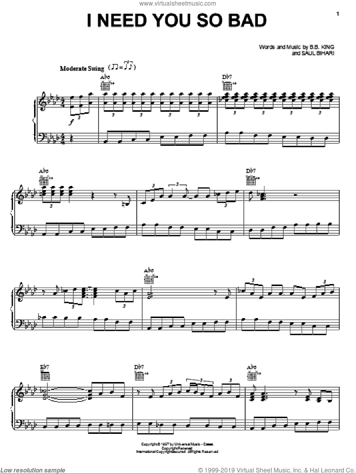 I Need You So Bad sheet music for voice, piano or guitar by B.B. King and Saul Bihari, intermediate skill level