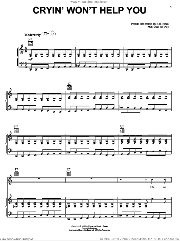 Cryin' Won't Help You sheet music for voice, piano or guitar by B.B. King and Saul Bihari, intermediate skill level