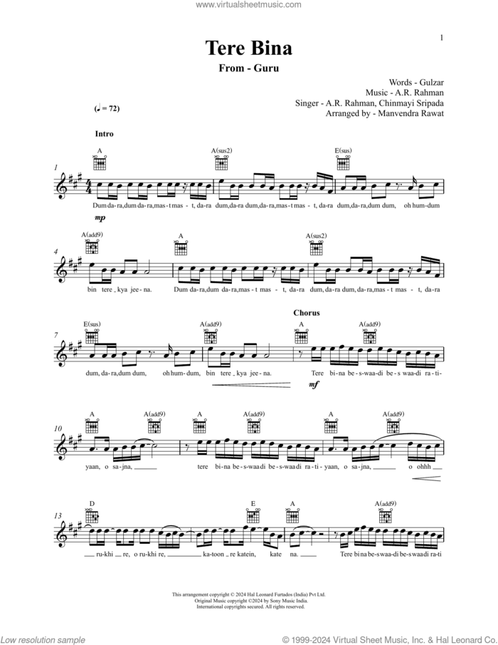 Tere Bina (from Guru) sheet music for voice and other instruments (fake book) by A.R. Rahman and Gulzar, intermediate skill level