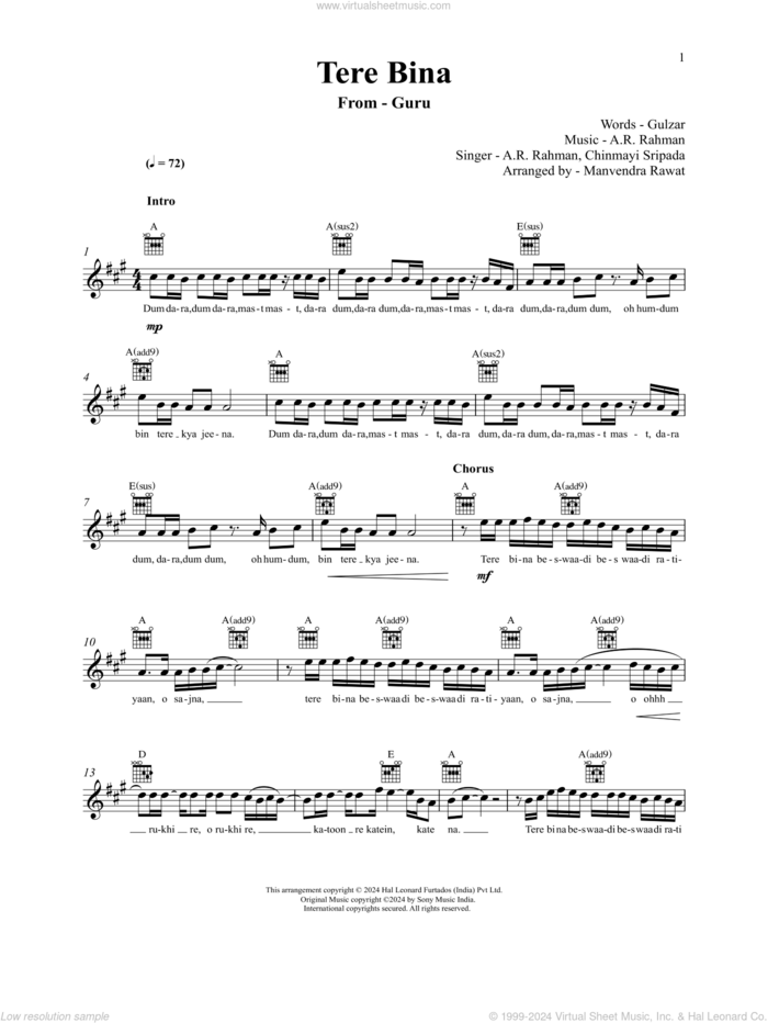 Tere Bina (from Guru) sheet music for voice and other instruments (fake book) by A.R. Rahman and Gulzar, intermediate skill level