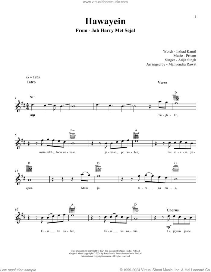 Hawayein (from Jab Harry Met Sejal) sheet music for voice and other instruments (fake book) by Pritam and Arijit Singh, Irshad Kamil and Pritam Chakraborty, intermediate skill level