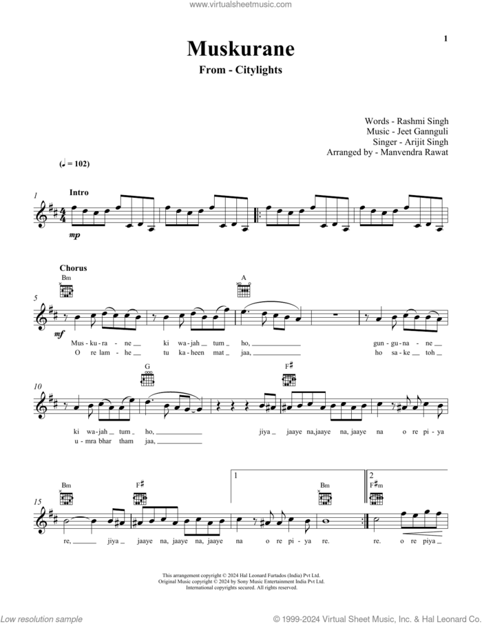 Muskurane (from Citylights) sheet music for voice and other instruments (fake book) by Jeet Gannguli and Arijit Singh, Jeet Gannguli and Rashmi Singh, intermediate skill level