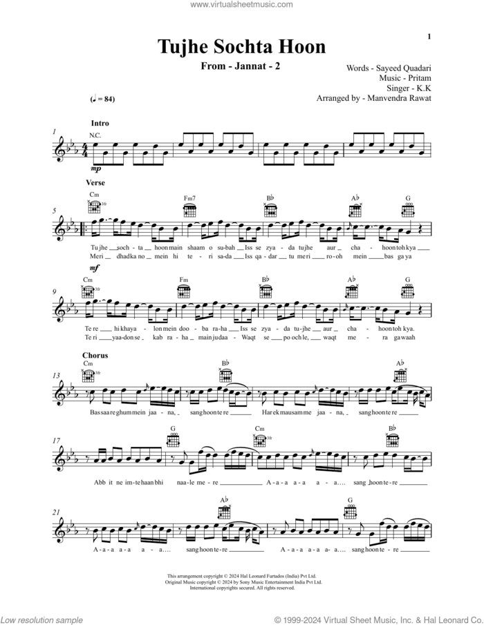 Tujhe Sochta Hoon (from Jannat 2) sheet music for voice and other instruments (fake book) by Pritam and KK, Pritam Chakraborty and Sayeed Quadri, intermediate skill level