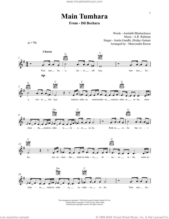 Main Tumhara (from Dil Bechara) sheet music for voice and other instruments (fake book) by A.R. Rahman, Jonita Gandhi and Hriday Gattani, A.R. Rahman and Amitabh Bhattacharya, intermediate skill level