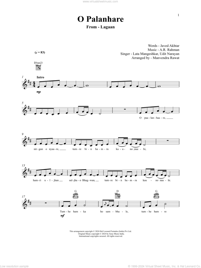 O Palanhare (from Lagaan) sheet music for voice and other instruments (fake book) by A.R. Rahman and Javed Akhtar, intermediate skill level