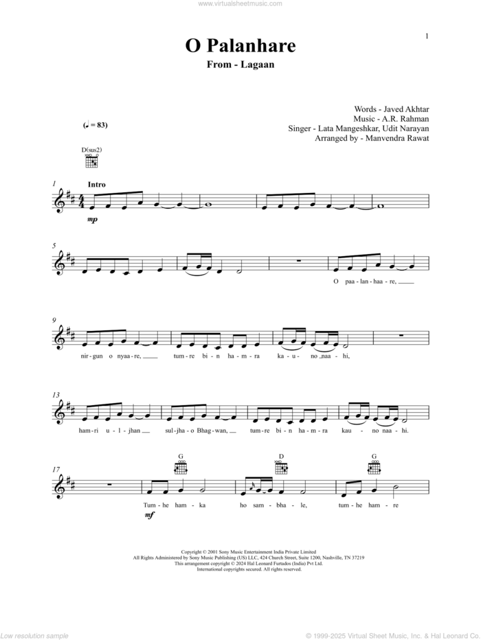 O Palanhare (from Lagaan) sheet music for voice and other instruments (fake book) by A.R. Rahman and Javed Akhtar, intermediate skill level