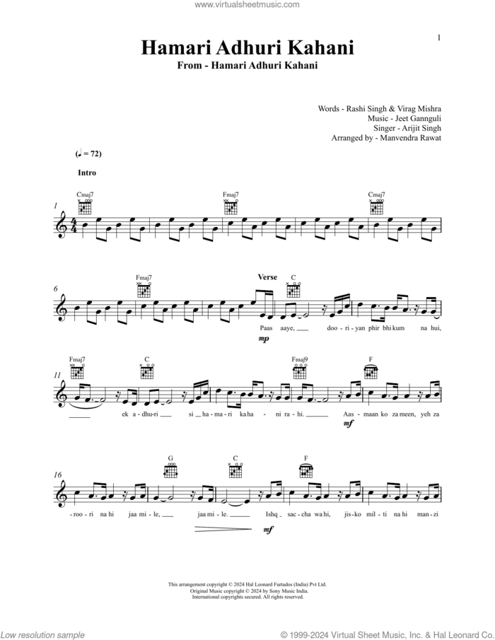 Hamari Adhuri Kahani (Title Track) sheet music for voice and other instruments (fake book) by Jeet Gannguli and Arijit Singh, Jeet Gannguli and Rashmi Virag, intermediate skill level