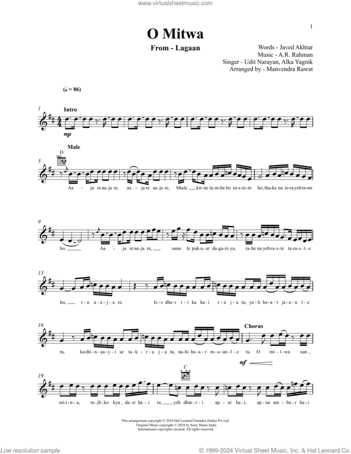 O Mitwa (from Lagaan) sheet music for voice and other instruments (fake book) by A.R. Rahman and Javed Akhtar, intermediate skill level