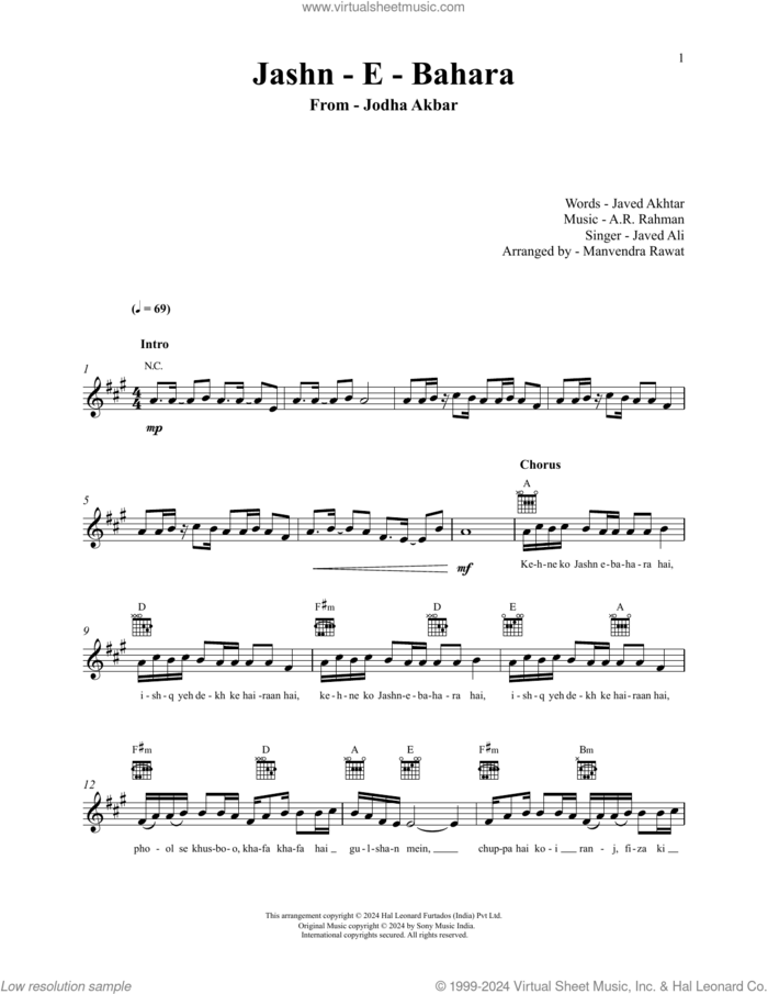 Jashn-E-Bahaaraa (from Jodhaa Akbar) sheet music for voice and other instruments (fake book) by A.R. Rahman and Javed Ali, A.R. Rahman and Javed Akhtar, intermediate skill level