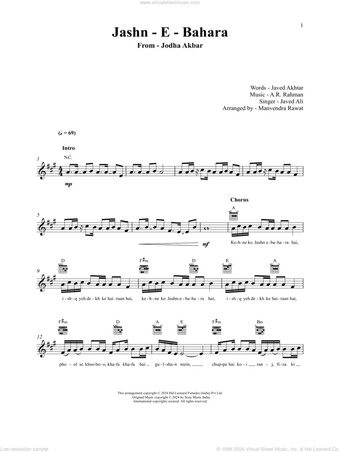 Jashn-E-Bahaaraa (from Jodhaa Akbar) sheet music for voice and other instruments (fake book) by A.R. Rahman and Javed Ali, A.R. Rahman and Javed Akhtar, intermediate skill level