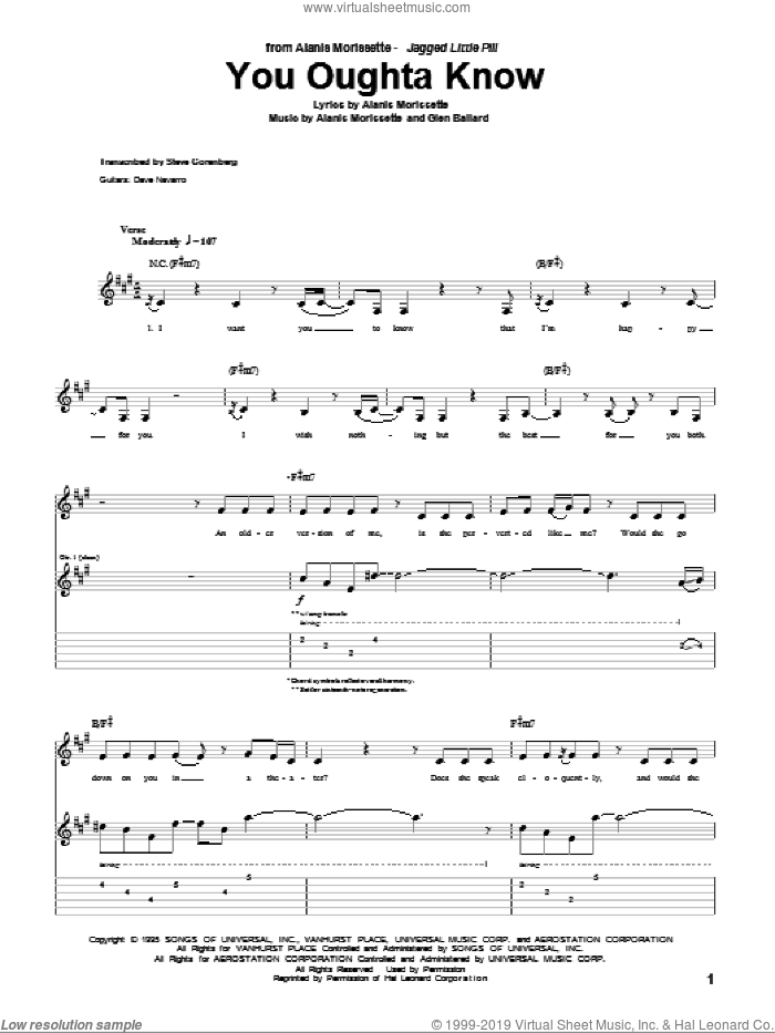 You Oughta Know sheet music for guitar (tablature) by Alanis Morissette and Glen Ballard, intermediate skill level