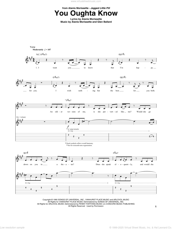 You Oughta Know sheet music for guitar (tablature) by Alanis Morissette and Glen Ballard, intermediate skill level