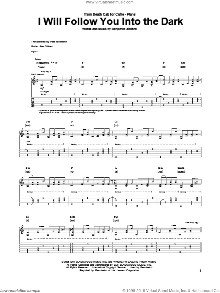 I Will Follow You Into The Dark sheet music for guitar (tablature) by Death Cab For Cutie and Benjamin Gibbard, intermediate skill level