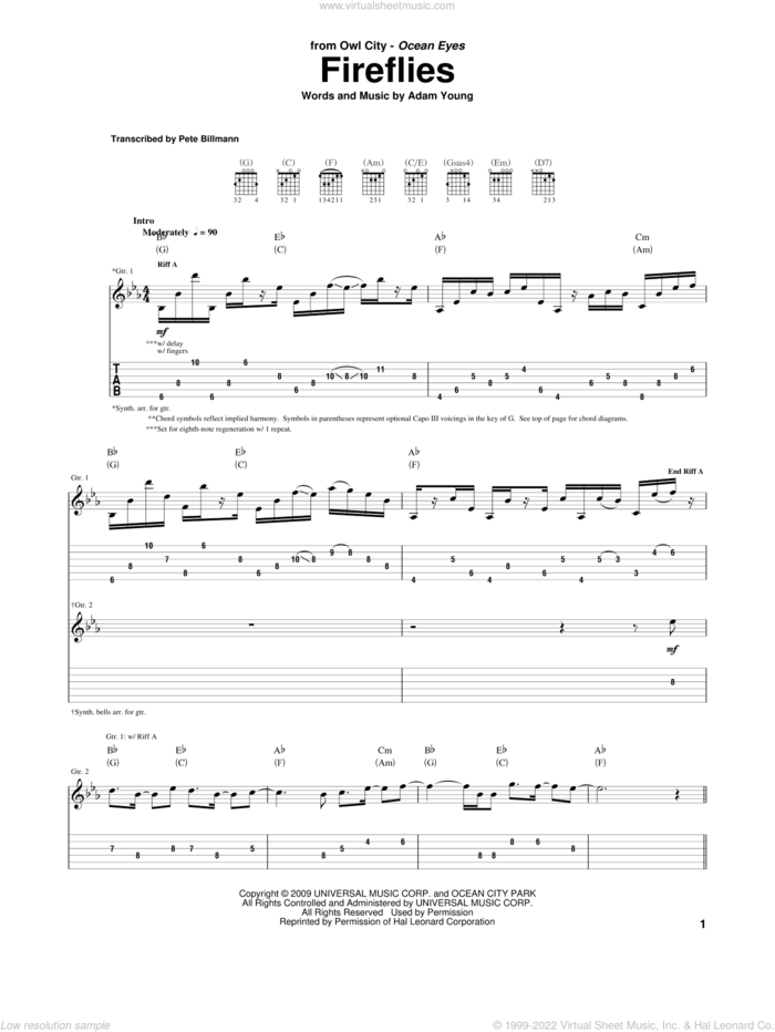 Fireflies sheet music for guitar (tablature) by Owl City and Adam Young, intermediate skill level