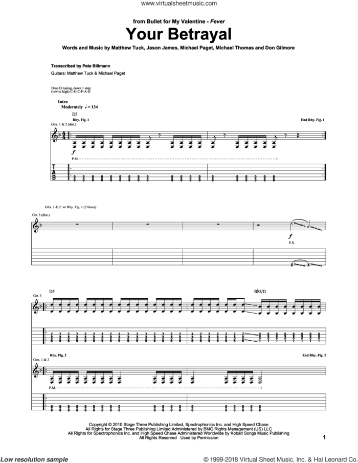 Your Betrayal sheet music for guitar (tablature) by Bullet For My Valentine, Don Gilmore, Jason James, Matthew Tuck, Michael Paget and Michael Thomas, intermediate skill level
