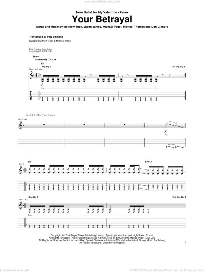 Your Betrayal sheet music for guitar (tablature) by Bullet For My Valentine, Don Gilmore, Jason James, Matthew Tuck, Michael Paget and Michael Thomas, intermediate skill level