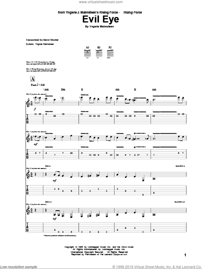 Evil Eye sheet music for guitar (tablature) by Yngwie Malmsteen, intermediate skill level