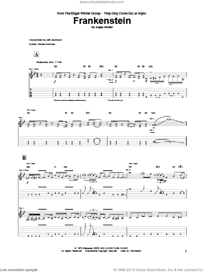 Frankenstein sheet music for guitar (tablature) by Edgar Winter Group and Edgar Winter, intermediate skill level