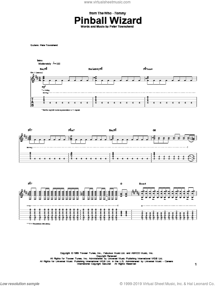 Pinball Wizard sheet music for guitar (tablature) by The Who and Pete Townshend, intermediate skill level