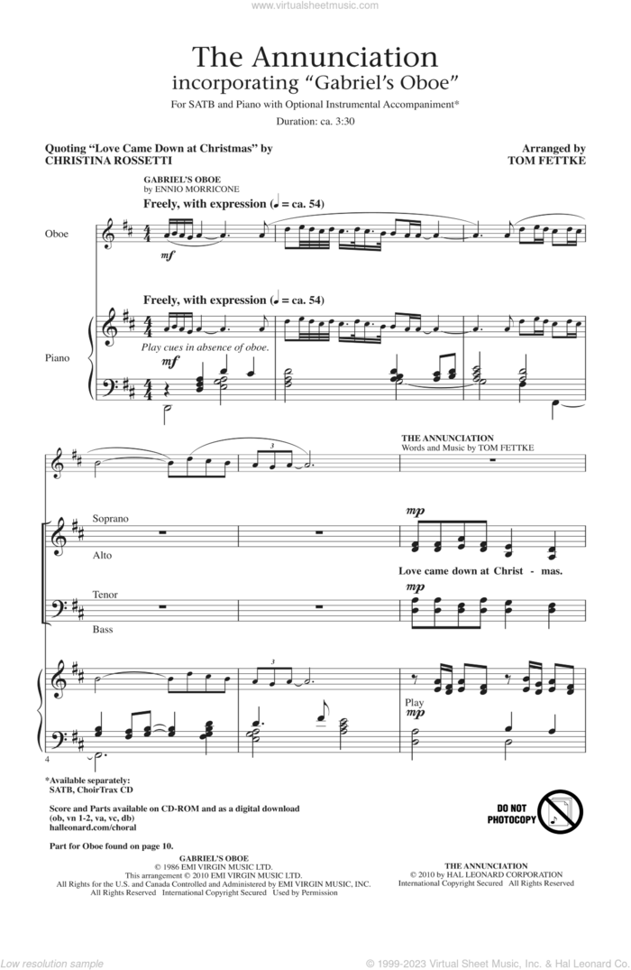 The Annunciation (incorporating Gabriel's Oboe) sheet music for choir (SATB: soprano, alto, tenor, bass) by Ennio Morricone, Tom Fettke and Christina Rossetti, intermediate skill level
