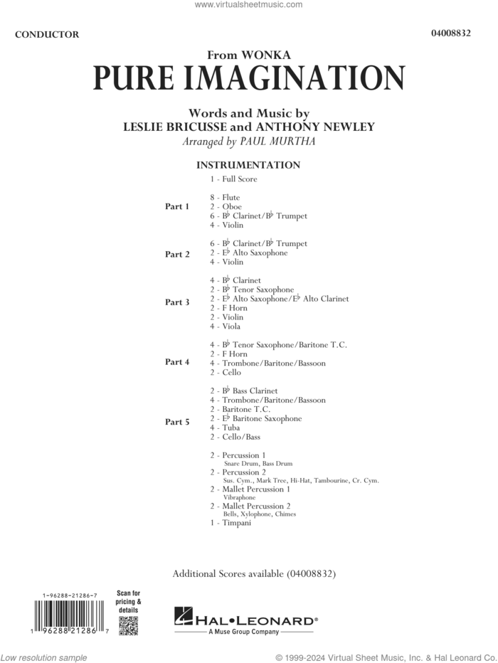 Pure Imagination sheet music for concert band (full score) by Timothée Chalamet, Paul Murtha, Anthony Newley and Leslie Bricusse, intermediate skill level